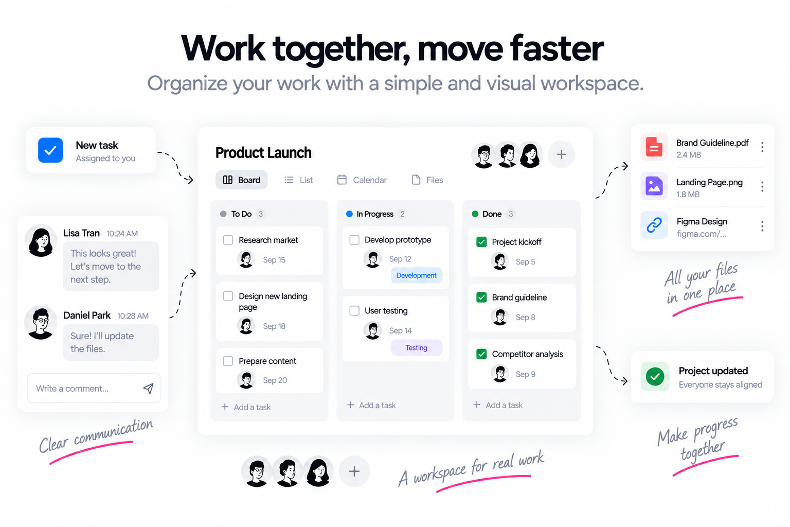 Collaborative Forwork workspace with tasks, projects, comments, files and team progress in one board.